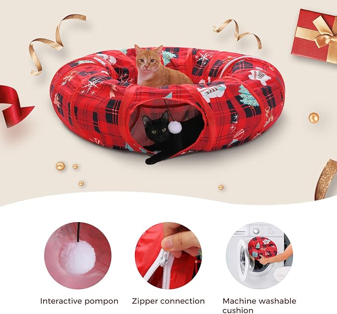 PAWZ Road Cat Tunnel, Red Cat Donut Tunnel Collapsible Cat Tunnel Tube Dia-38 inches with Soft Mat for Indoor Cats, Rabbits and Puppies, Red