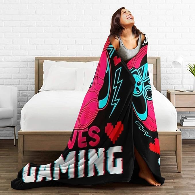 Gaming Blanket Game Throw Blanket Just A Girls Who Loves Gaming Decor Stuff Merch Cozy Print Flannel Fleece Soft Plush Fuzzy Warm Lightweight Bedding Play Games Gifts for Women Teenager 50"X40"
