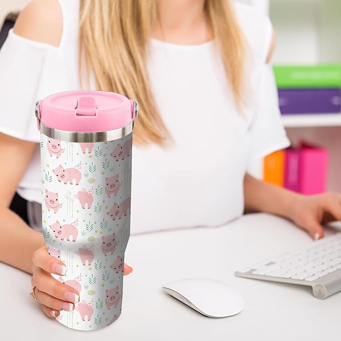 30 Oz Pig Tumbler with Handle and Straw, Pig Mug Insulated Pig Cups for Women, Double Wall Stainless Steel Pig Coffee Cup, 30 Oz Leak Proof Pig Coffee Mug for Women and Pig Gifts for Women