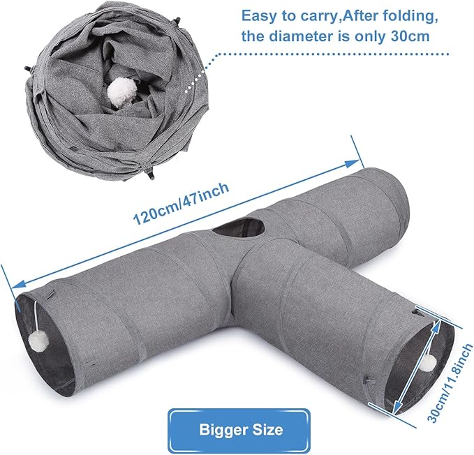 Ownpets Cat Tunnel, Extra Large 3 Way Collapsible Kitty Tunnel Cat Tube with Plush Ball & Feather Toy, Cat Play Tunnel for Large Cat, Kitten, Puppy, Rabbit(12 inches in Diameter)