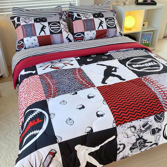 7 Piece Baseball Comforter Set Bed in A Bag Twin Size 3D Softball Sports Bedding Set for Boys Kids Microfiber Comforter All Season (1 Comforter, 1 Flat Sheet, 1 Fitted Sheet, 4 Pillowcase)