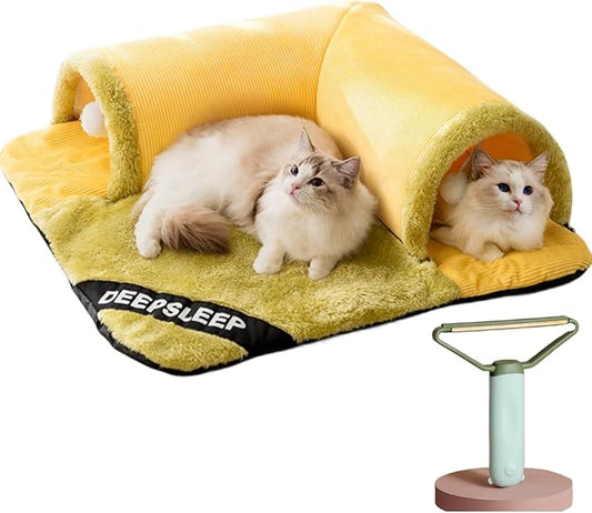 Detachable Cat Tunnel Bed Stylish Pet Play Tunnel with Bed Perfect for Kittens,Cats,Puppys,Rabbits and Ferret,Plush Cat Toys for Fun and Rest,Included A Hair Scraper.Great Gift for Cats