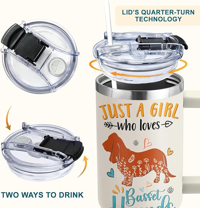 Basset Hound Gifts for Girls & Women, Christmas and Mother's Day Gifts for Basset Hound Lovers, Birthday Present Idea for Dog Owners, Dog Mom 40oz Tumbler with Handle & Straw