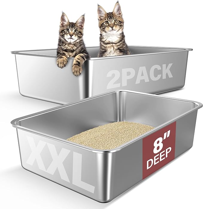 2 Pack 23.6" x 16" x 8" XXL Stainless Steel Cat Litter Boxes, High Sides Metal Cat Litter Box for Multi-Cats Big Cats XXL Metal Litter Pan Tray, Non-Sticky, Easy Cleaning