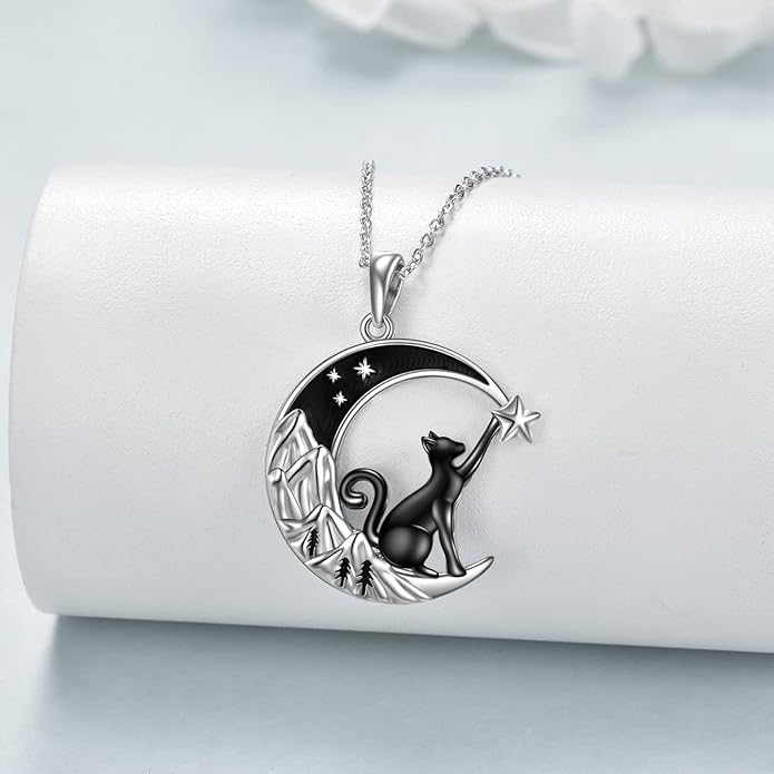 925 Sterling Silver Moon Black Cat Necklace for Women - Tree of Life Jewelry with Abalone Stone - Cat Lover Birthday Gift