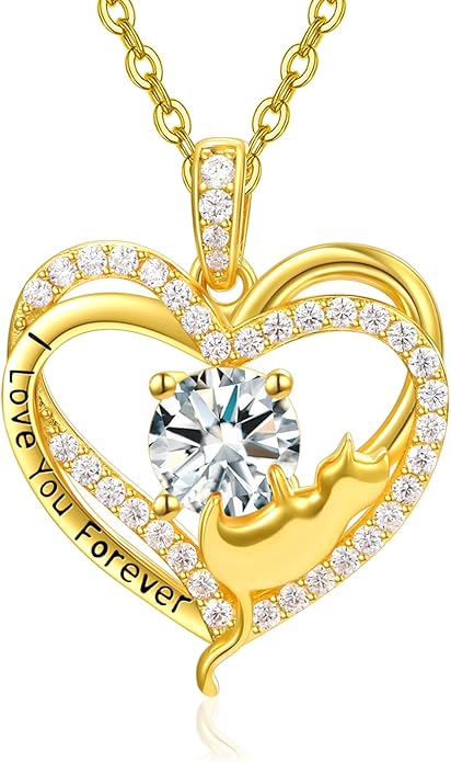 Birthstone Cat Necklaces,925 Sterling Silver Cat Necklace Heart Pendant for Women,Dainty Animal Jewelry for Her,Wedding Anniversary Birthday Gifts for Women Mom Grandma