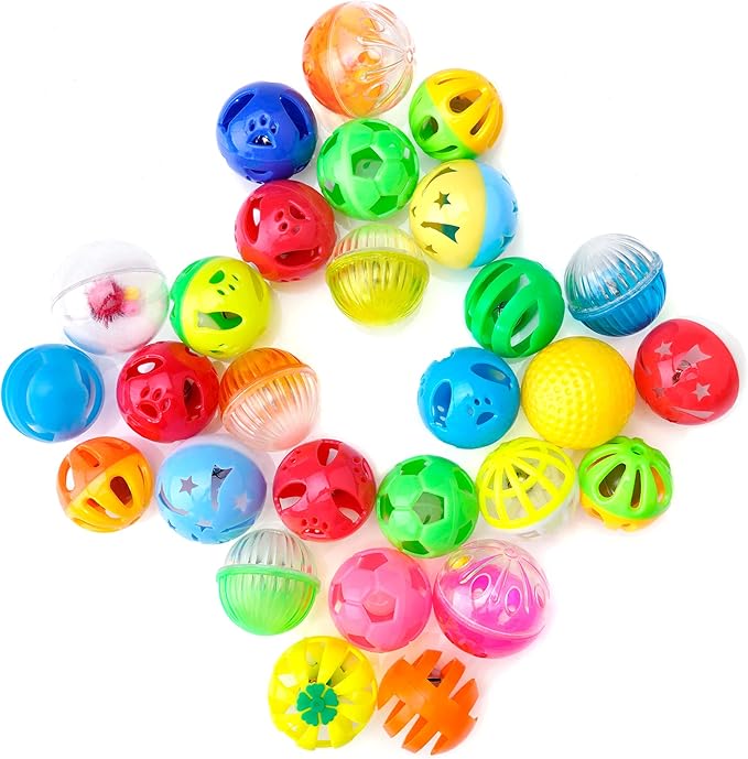 CHIWAVA 36 Pack Plastic Noisy Cat Toy Balls with Bell Kitten Chases Toy 8 Type Assorted Color Size