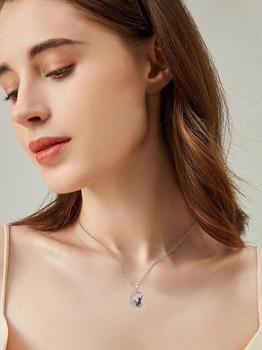 Black Cat/Dragon/Fox/Wolf Necklace 925 Sterling Silver Celtic Moon Pentagram Pendant Gothic Jewelry Goth Halloween Gifts for Women