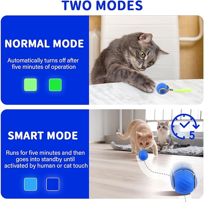 Interactive Cat Ball Toy with Feather, Speedy Tail 2.0 cat Toys, Smart Cat Toys Ball for Indoor Cats, Motion Activated Automatic Cat Toy Ball, USB Rechargeable Cat Toys, Blue