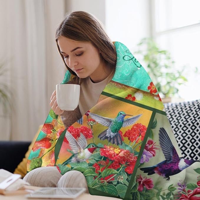 Green Hummingbirds Print Blanket Country Birds Floral Throw Blankets Gifts Couch Sofa Bed Stuff Decor Lightweight Soft Cozy Fleece Plush Flannel Bedding for Lover Men Women Boys Girls Adults 60"x80"
