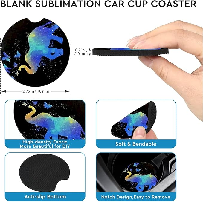 Car Coasters for Cup Holders,2 Pack Elephant Car Coasters,2.75" Universal Size Anti Slip Rubber Mat,Automotive Cup Holder Decal Decor Accessories,Elephant Gifts for Women,Men,Mom