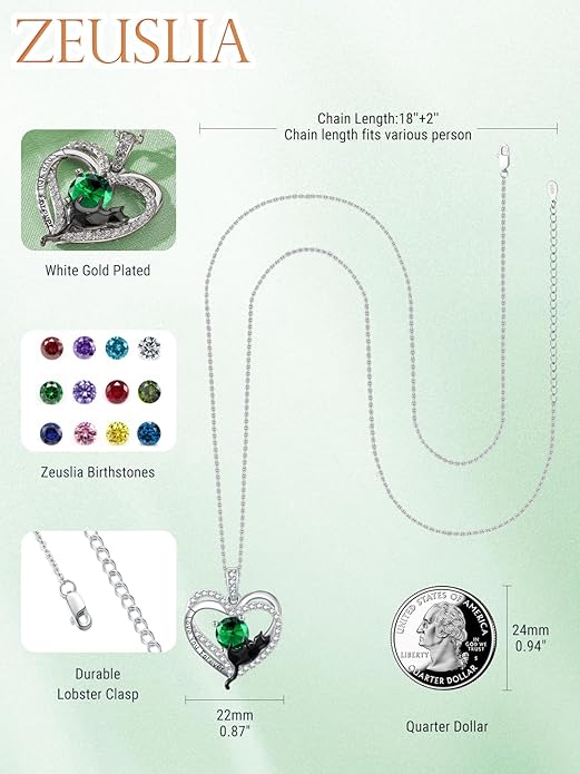 Birthstone Cat Necklaces,925 Sterling Silver Cat Necklace Heart Pendant for Women,Dainty Animal Jewelry for Her,Wedding Anniversary Birthday Gifts for Women Mom Grandma