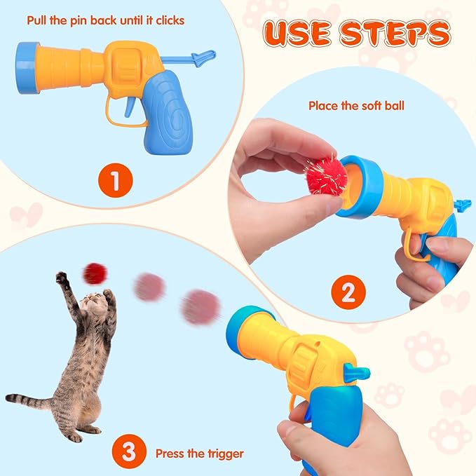 BooTaa Pet Toys, Interactive Cat Toy Set, 80pcs Glitter Pom-Poms Cat Ball Toy with 1 Launcher, Safe Soft Cat Toy Balls for Fetch, Training, Playing