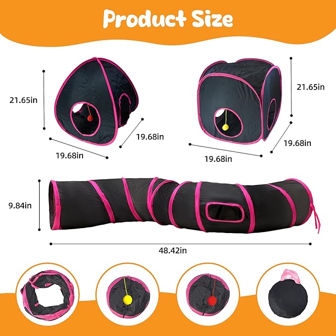 Cat Tunnels for Indoor Cats with Cube Tent Toys Combo, Pop Up Collapsible Crinkle Interactive Peek Hole, Cat Tube with Play Ball,Bell and Cat Spring Toys for Kitten, Puppy, Kitty, Rabbit - Set of 3