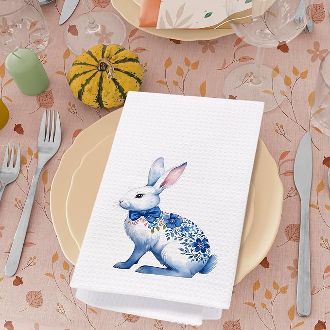 SPBL&L Easter Chinoiserie Hand Towel, Blue Floral Bunny Hand Towels for Bathroom, Easter Kitchen Bathroom Decor,Bunny Decor, 16x24 Inches