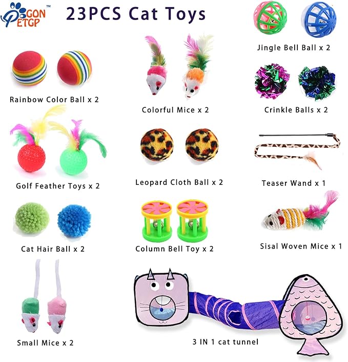 Cat Toys for Indoor Cats, 23 PCS Kitten Toys Set, Collapsible Pet Tunnel Cube Tent Toys, Interactive Cat Feather Teaser Wand Cat Bell Balls Fuzzy Ball Springs Mouse Toys for Cat Kitty