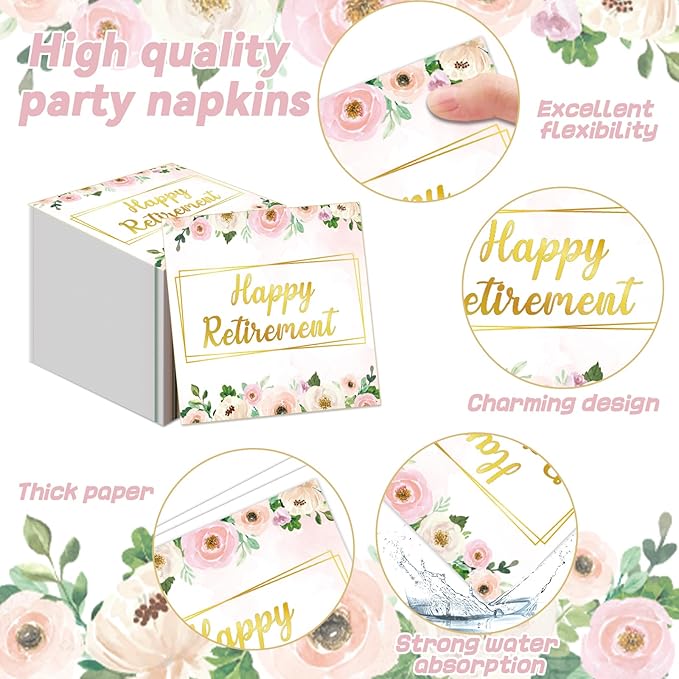 96Pcs Flower Retirement Party Decorations for Women White Peony Happy Retirement Plates Tableware Pink Gold Floral Retirement Dinnerware Napkin for Goodbye Going Away Farewell Party Supplies 24 Guests