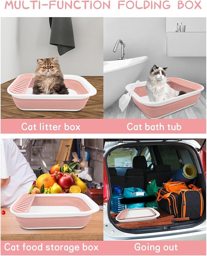 BNOSDM Foldable Small Cat Litter Box for Kittens Open Potty Pan Collapsible Cat Toilet with Scoop Senior Kitty Travel Shallow Litters Boxes Anti-Splash Waterproof for Small-Sized Cats Pink