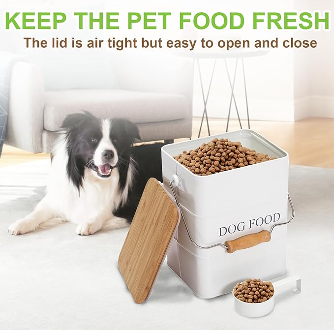 Dog Food storage container Dog Treats Jar, Metal food treats tin for Dog, pet snacks Canisters with wooden lid/handle/sevice scoop,hold 5-6 lbs