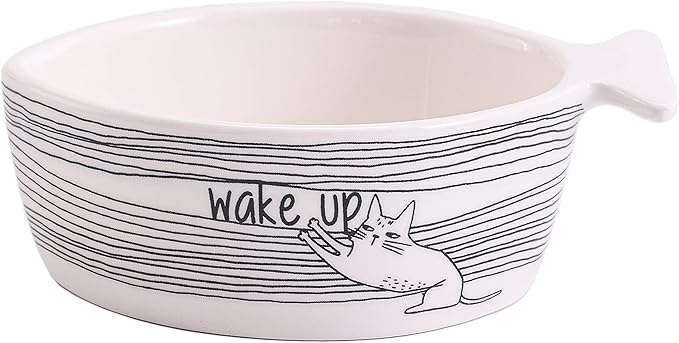 Bico Linear Cartoon Kitty Fish Shaped Ceramic Cat Bowl, for Cat and Kitten, Dishwasher Safe