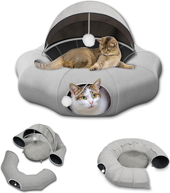 Large Cat Tunnel Bed, Cat Tent with Ball Toy, Cat Tunnel with Washable Central Mat, Detachable Straight Tunnel, Multifunctional Cat Toys for Indoor Cats (Cat Tunnel with Cool mat)