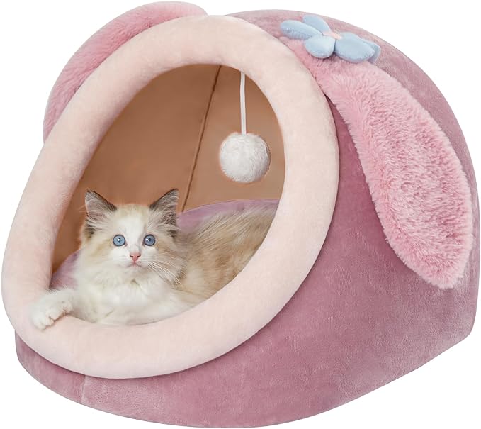 Jiupety Cat Bed Cave, Pink Cat Bed for Indoor Cats, Soft Cozy Cat Bed Cave Fit for Cat Up to 16 Lbs and Puppy, Pink Rabbit, M.