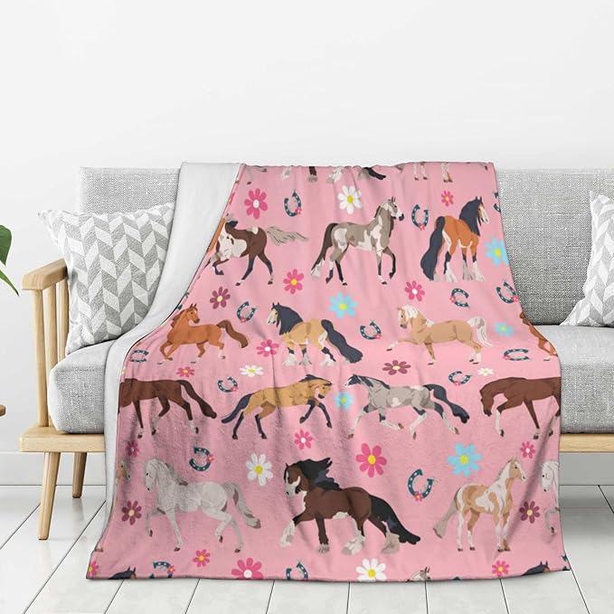 Horse Blanket Throw 50"x40", Plush Flannel Horses Flowers Blanket, Soft Warm Decorative for Kids Women Horse Lovers