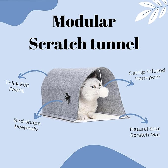 1pk 4-in-1 Modular Cat Tunnel/Scratcher/Cat Cave Lounger Bed/Cat Toy for Indoor Cats Up to 15 lbs- 21.7’’x 9’’x 7.9’’with Sisal Scratching Mat, Felt Tunnel, Catnip-Infused Toy Ball with Bell