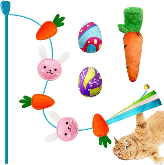4 Pack Easter Cat Toys, Bunny Cat Wand Toy with Bell, Easter Egg Catnip Toys with Crinkle, Easter Gifts for Indoor Cats & Kitten & Kitty