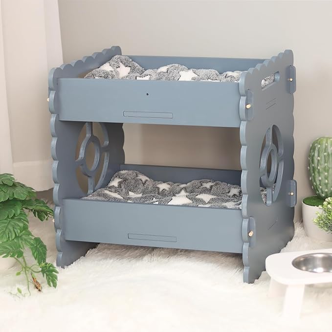 Wooden Cat Bed,Elevated Cat Bed Furniture,Cat Bunk Beds for 2 Indoor Cats,Modern Cat Condo with Matress,Protect Cat's Hip Joint for All Seasons,Easy to Assemble(19.7“x15 x19.2,Grey)