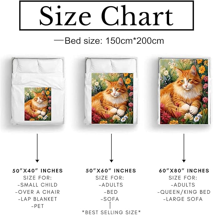 Lovely Cat & Wildflowers Blanket - Ultra Soft & Cozy Flannel Kitten Throw Blankets, Warm, Lightweight & Fuzzy - Perfect for Bed, Couch, Travel & Outdoor Use - for Men Women Adults 60"×50"