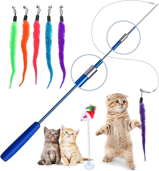Retractable Cat Toys Wand with 5 Piece Teaser Refills, Interactive Cat Feather Toy for Cat Kitten Having Fun Exerciser Playing