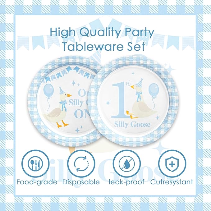 48Pcs One Silly Goose Birthday Decor Boy, Silly Goose 1st Happy Birthday Baby Shower Decorations with Blue Plates and Napkins Forks Set Party Supplies