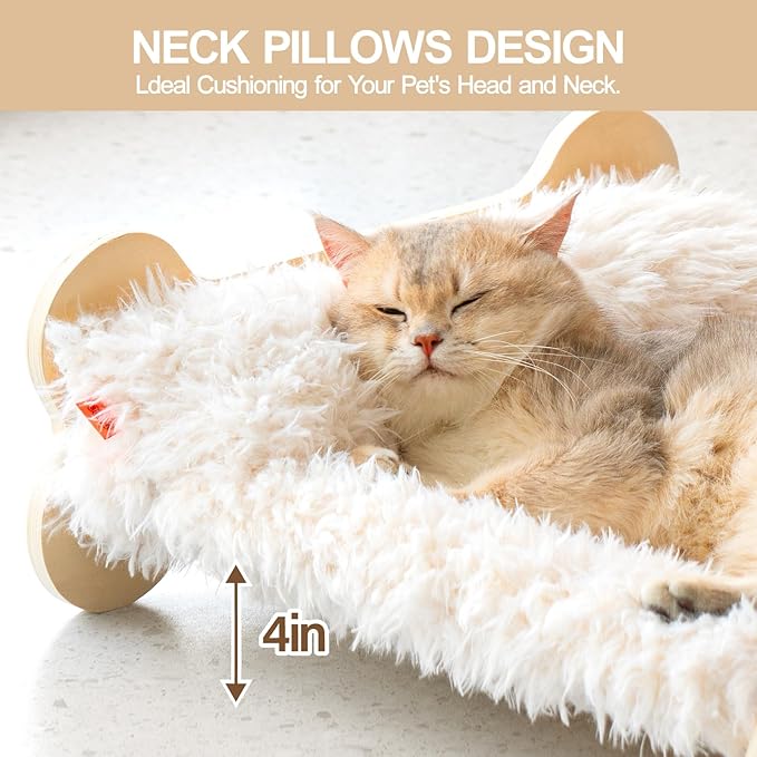 MEWOOFUN Cute Cat Beds for Indoor Cats, 20 X 17.7 in Elevated Cat Bed & Furniture, Wooden Cat Hammock Bed with Pillow, Fluffy Small Cat Bed Washable for Kitty, Plush White