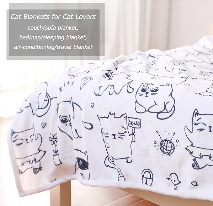 Cute Cat Blanket, Soft Kids Throw Blanket Blanket for Cat Lovers Gifts for Girls Women Cats Throw Blanket Flannel Fleece Blankets for Couch Bed Sofa (cat 2, 48" X 60")