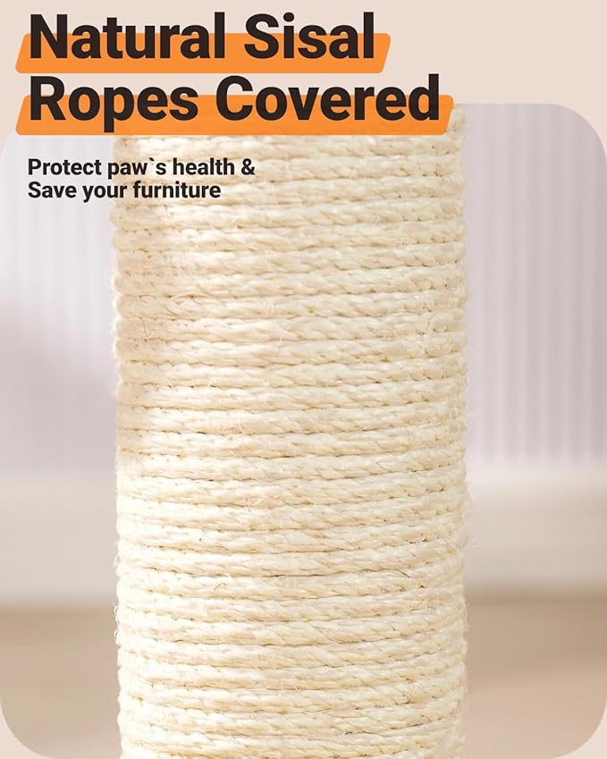 Happi N Pets 26" Cat Scratching Post with Perch, Natural Sisal Scratchers Trees for Indoor Cats, Featuring with Hanging Balls & Cozy Cat Bed, Stable Cat Scratch Posts for Kittens-Light Gray