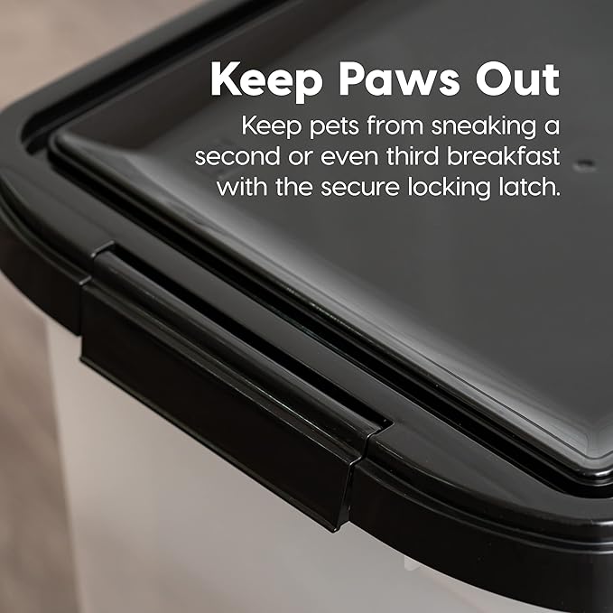 IRIS USA WeatherPro Airtight Dog Food Storage Container, Up to 25 lbs, Removable Wheels, for Dog Cat Bird and Other Pet Food Storage Bin, Keep Fresh, Translucent Body, Pearl/Black