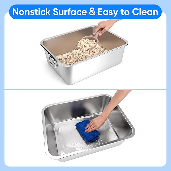 2 Pack Stainless Steel Litter Box with Handle for Cat and Rabbit, 19.5" L x 13.5" W x 6" H, Odor Control Litter Pan, Fold-able Feeding Plate, Non Stick Smooth Surface