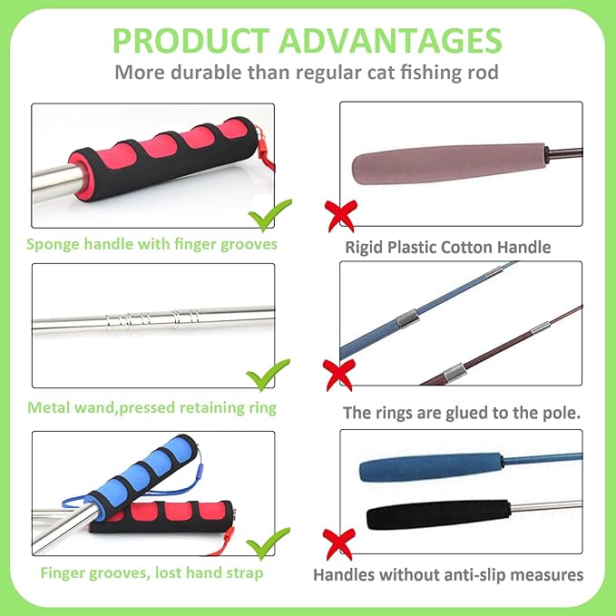 Cat Fishing Pole for Indoor Cats,Interactive cat Toys with Colorful Feather and Bell. (Green)