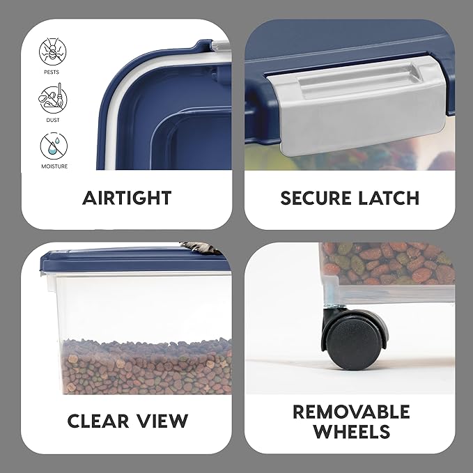 IRIS USA Airtight Dog Food Storage Container, Up to 40 lbs, Attachable Wheels, For Dog Cat Bird and Other Pet Food Storage Bin, Keep Fresh, Translucent Body, Easy Mobility, Navy