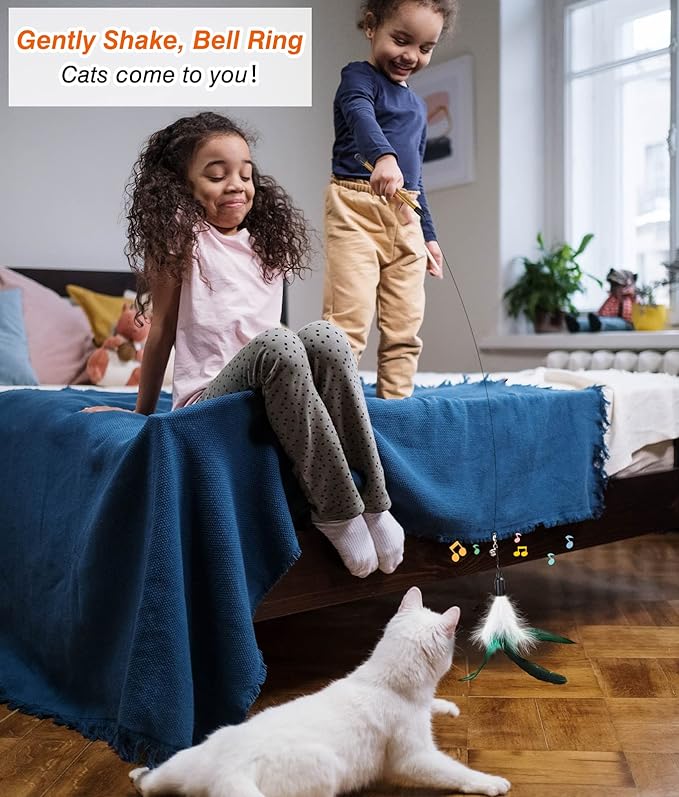 Pawaboo Feather Teaser Cat Toy, Interactive Feather Wand Cat Toy Flying Feather Cat Catcher with Extra Long 34.5" Wand and Small Bell, Fun Exerciser Playing Toy for Kitten or cat, White & Green