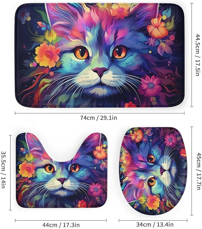 4Pcs Modern Colorful Cat Shower Curtain Sets with Non-Slip Rugs, Toilet Lid Cover and U Shape Bath Mat, Funny Abstract Flower Animal Bathroom Sets Waterproof Shower Curtains with 12 Hooks