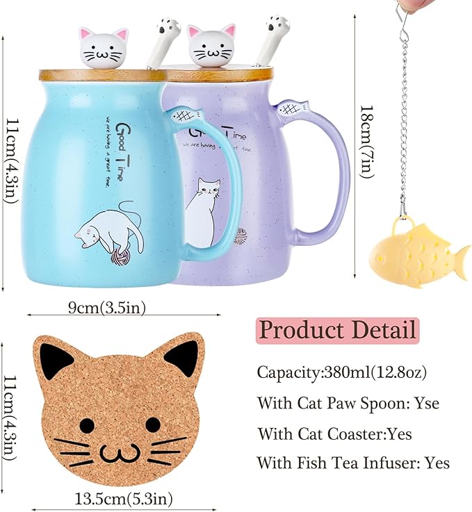 BigNoseDeer 2Pcs Kawaii Tea Cup with Infuser Ceramic Cat Mug Cute Mugs Coffee Mugs Gifts for Cat Lovers Cute Cool Preppy Stuff Mother's Day Gifts for Women 13oz