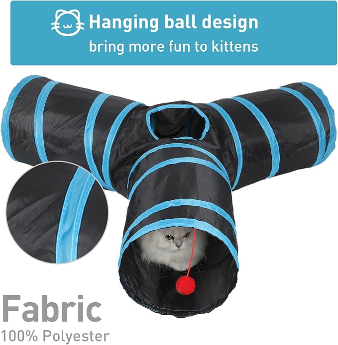 3 Way Cat Tunnel and Tube, Cat Tunnels for Indoor and Outdoor Cats, Collapsible Cat Tunnels with Peek Hole for Cat, Puppy, Kitty, Rabbit, Puppy (Y-Shaped Black-Blue)