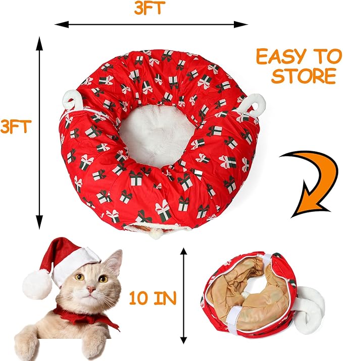 LUCKITTY Cat Tunnel Bed Under Christmas Tree 3FT x 3FT x 9.8IN - Decorative Christmas Style with Box Patterns - Red Color Perfect for Festive Felines Small Animals