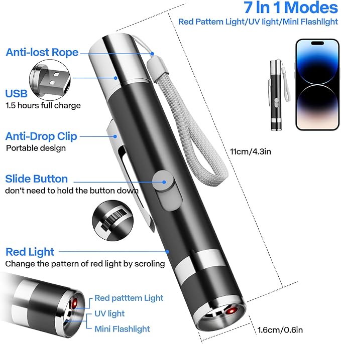 Cat Toys, Cat Toy Red Pointer for Indoor, Rechargeable, 5 Adjustable Patterns, 3 Modes Training Chaser Pet Toy Pointer, Interactive Pet Cat/Dog Toy for Cats Fun Playing Exercise(Black)