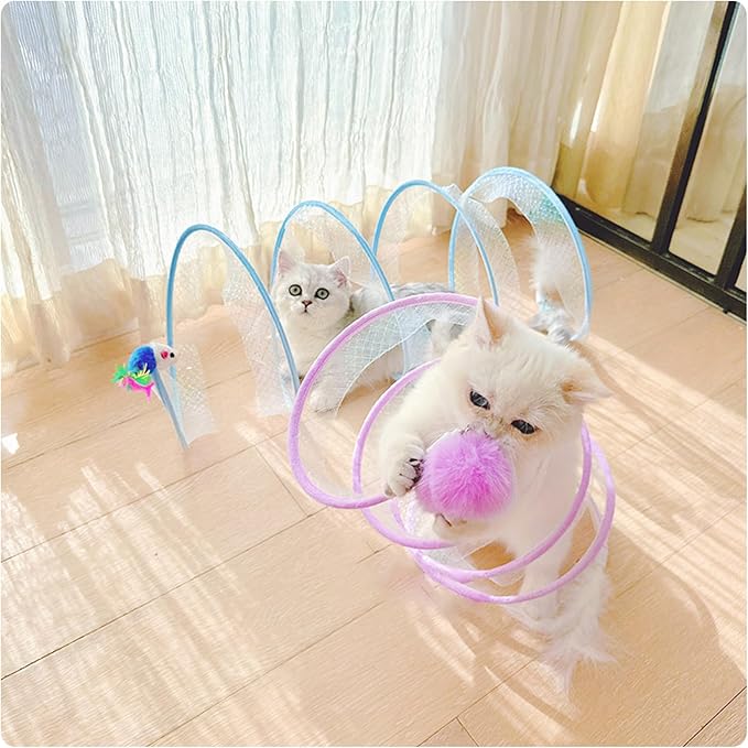 Andiker Folded Cat Tunnel Spring Toy, 10inch Spiral Cat Tunnels Toy with White Feather&Plush Mice&Bell 3 in 1 Folded Cat Tubes Interactive Cat Toys for Indoor Cats to Exercise, Relax (Yellow, L)