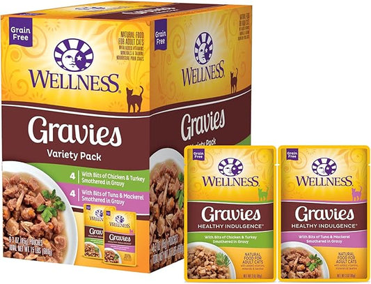 Wellness Healthy Indulgence Gravies Grain-Free Wet Cat Food, Made with Natural Ingredients and Quality Proteins, Complete and Balanced Meal, 3 oz Pouches (Gravies Variety Pack, 8 Pack)