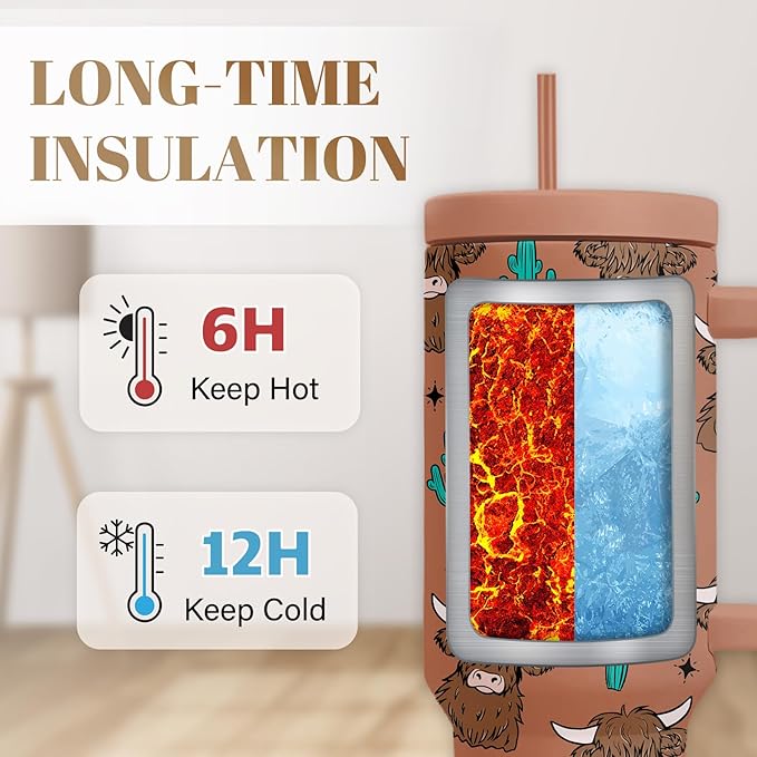 Highland Cow Tumbler, Cow Yak Bull Cup Gifts For Men, Cute Yak Cuctus Tumbler With Handle 40 Oz, Birthday Gifts For Cowboy Animal Enthusiasts, Cuctus Khaki Insulated Tumblers Cup