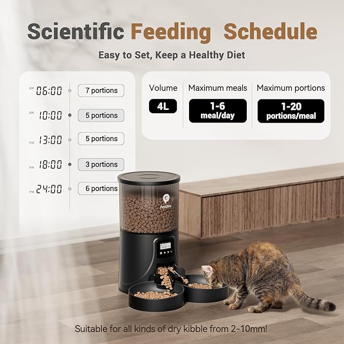 Dual Automatic Cat Feeder: Cat Feeder Automatic for 2 Cats- Timed Auto Feeder 16 Cups/4L Cat Food Dispenser& Dual Power Auto Pet Feeder for Indoor Cat&Dog| 1-6 Meals Portions Control